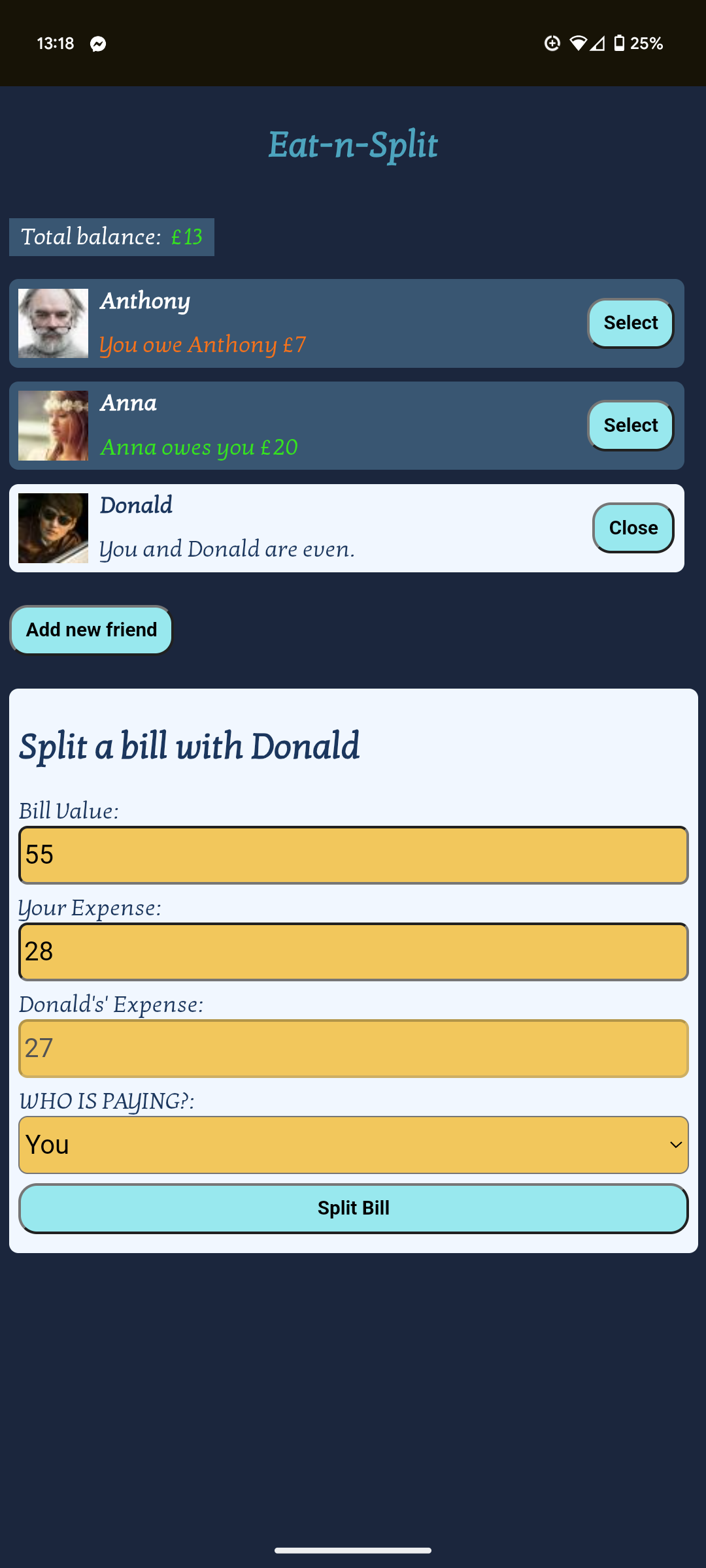Image of Eat and split application screenshot